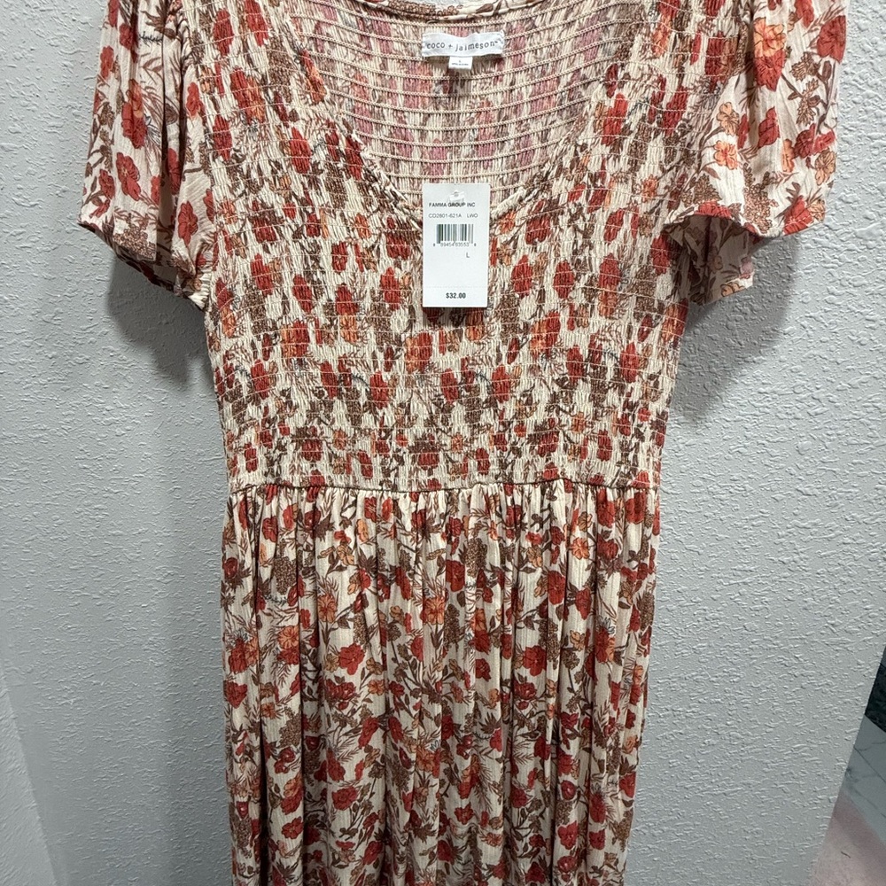Floral Print Smocked Dress in Red and Beige